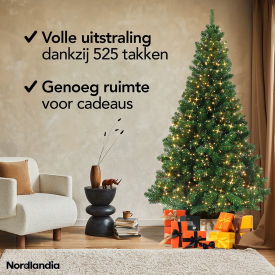 Nordlandia Künstlicher Weihnachtsbaum mit LED-Lichtern - 180 cm - Metallständer - Grün