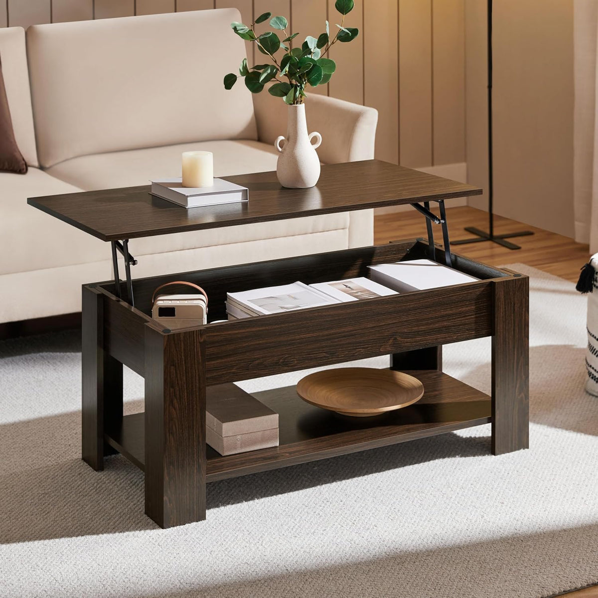 Yaheetech Couchtisch 98 x 50 x 41,8 cm – Braun – Höhenverstellbar – Ausziehbare Tischplatte – Mit Stauraum