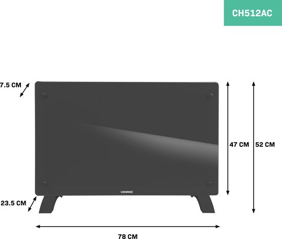 VONROC Luxury electric heater - Konvektorheizung - Mit Glasscheibe - 1000W/2000W - Beheizt Räume bis zu 24m2 - Gesteuert mit App (über Wifi) oder manuell - Einstellbarer Thermostat und Timer - Grau
