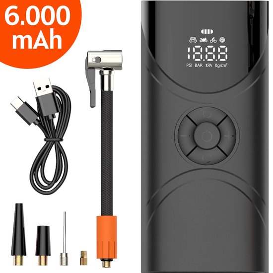 Tragbarer Luftkompressor - elektrische Fahrradpumpe - Reifenpumpe für Auto, Motorrad, Fahrrad, Ball, Luftbett - Leistungsstark: 6.000 mAh