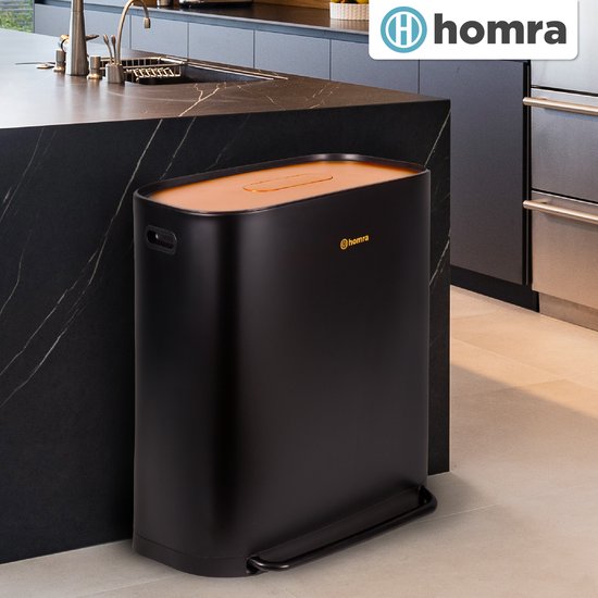 Homra Rockx Mülleimer 60 Liter – Duo-Treteimer 2×30 l mit Geruchsfilter – Edelstahl-Mülltrennbehälter mit 2 Fächern – Recycling-Mülleimer – Küchenmülleimer – Mülleimer zur Mülltrennung – Doppel-Mülleimer in Schwarz und Kupfer