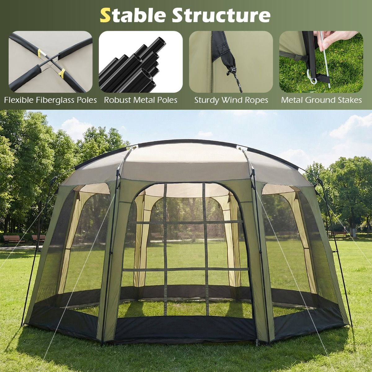 Coast Campingzelt mit Moskitonetz – Zusammenklappbares Gartenzelt für 6 bis 8 Personen – 380 x 355 x 225 cm – Grün/Schwarz
