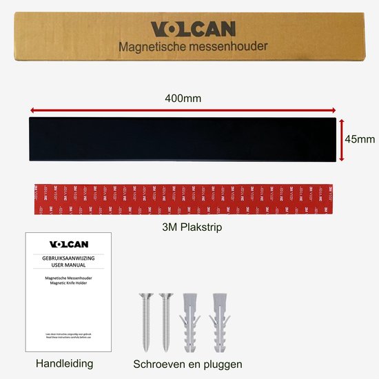 Volcan Messermagnet - 3M Tape - Magnetischer Messerhalter - 40CM - Industrie - Messerhalter Selbstklebend - Edelstahl