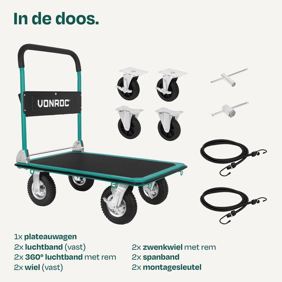 VONROC Premium-Plattformwagen – mit Luftreifen – zusammenklappbar – Tragkraft max. 300 kg – große Ladefläche 90 x 60 cm – inklusive Spanngurte