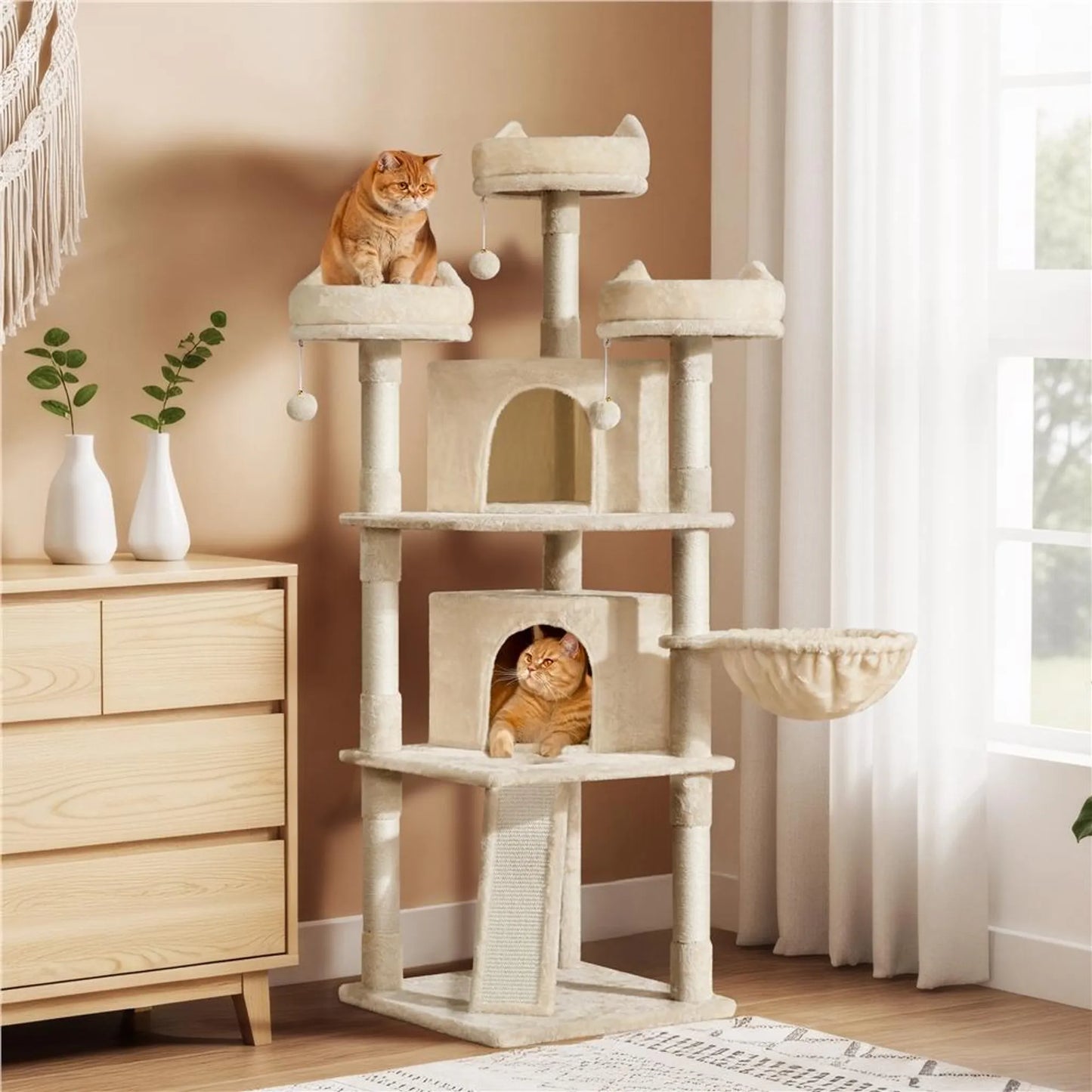 Yaheetech Katzenpfosten XXL mit 3 Aussichtsplattformen - Ausgestattet mit 2 Katzenhöhlen und Kratzbrett und Anti-Kipp-System - Für Haushalte mit mehreren Katzen - Beige Plüsch und Sisal - 55,5 x 55,5 x 175 cm