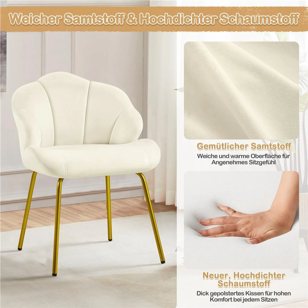 Yaheetech Esszimmerstuhl in Muschelform – gepolstert mit Metallbeinen – 56 x 57 x 78 cm – Beige