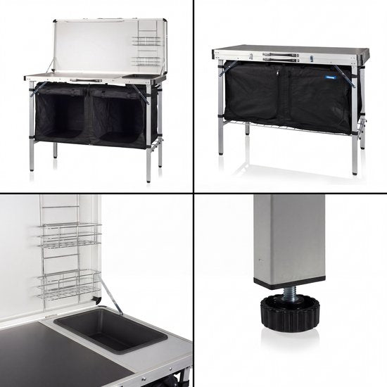 Tristar Campingküche – Zusammenklappbar – 100 x 50 cm – Mit Spülbecken – Aluminiumrahmen – Campingschrank und Außenküche – Inklusive Tragetasche – Verstellbare Beine – KI-0825