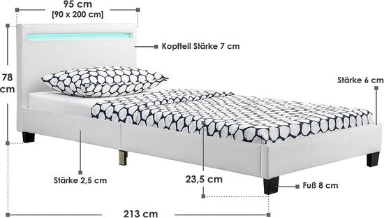Polsterbett Verona - 90 x 200 cm - Weiß - LED-Beleuchtung
