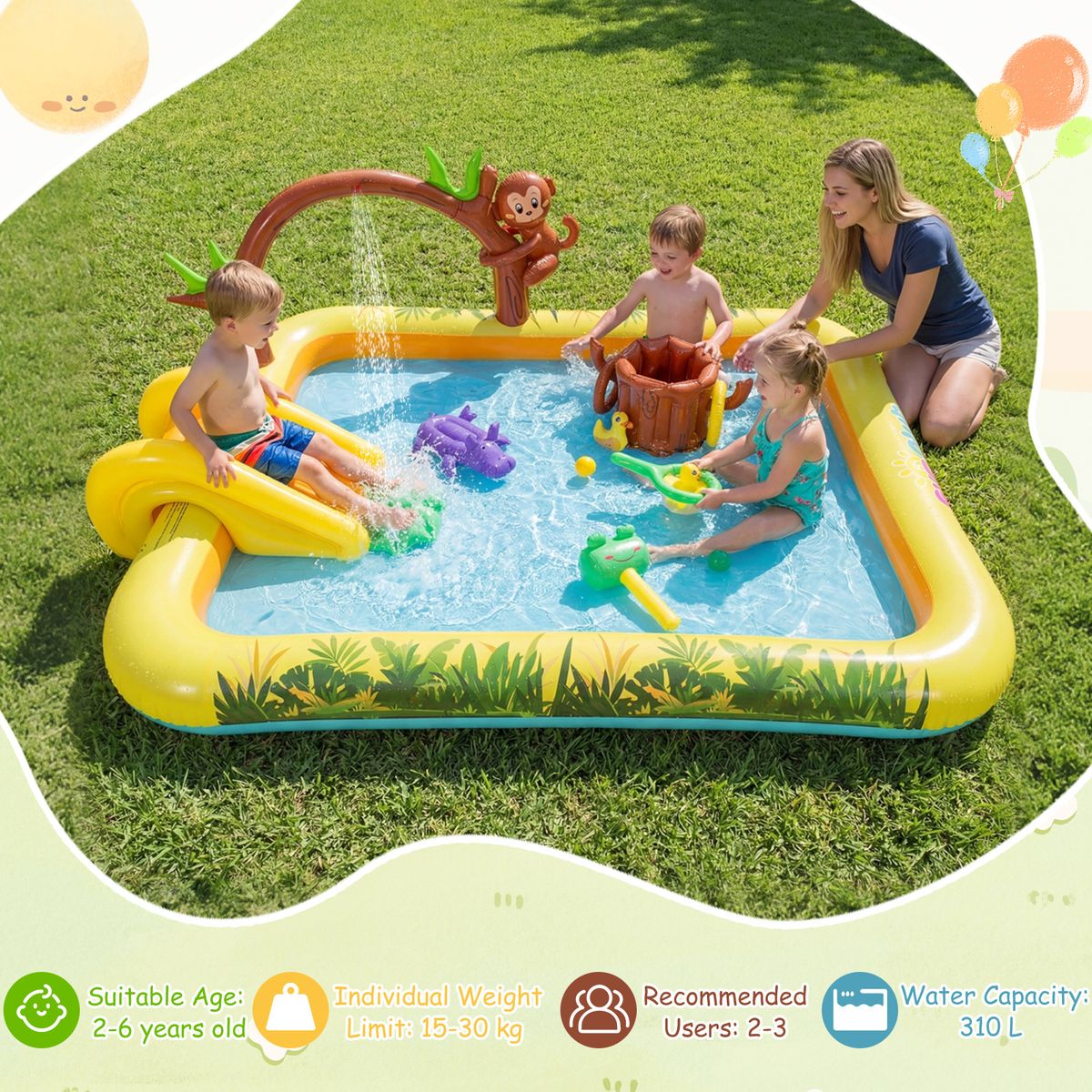 Coast Aufblasbares Spielzentrum „Dschungelabenteuer“ – Rutsche und Wassersprinkler – Für Kinder von 2 bis 6 Jahren – Mehrfarbig