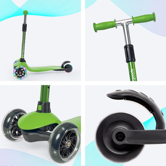 LifeGoods - Kinderroller - 2-5 Jahre - 3 leuchtende LED-Räder - höhenverstellbar - Jungen/Mädchen - Grün