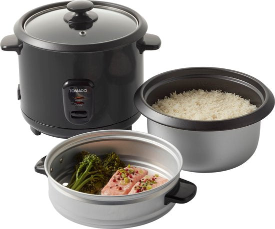 Tomado TRC1501B - Reiskocher - 1,5 Liter Fassungsvermögen - Dämpfeinsatz - Warmhaltefunktion - PFAS-frei - Schwarz