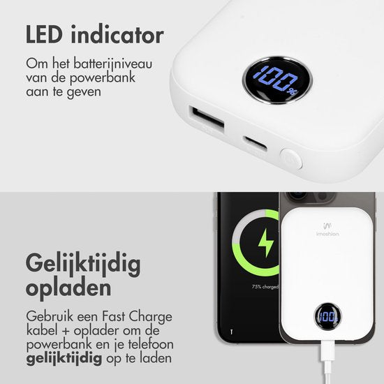 imoshion Powerbank 10000 mAh - Geeignet für MagSafe - Schnellladegerät 22,5W - LED-Anzeige - USB C & USB A - Wireless Powerbank Geeignet für iPhone 12/13/14/15/16 - Weiß