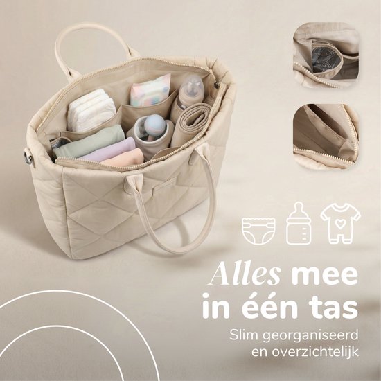 Mommsy Wickeltasche – Wickeltasche – Mom Bag – Thermofach – Gesteppter Puffer-Stoff – Mommy Bag – Besonders geräumig – Wasserabweisend – Organizer – Leicht – Beige