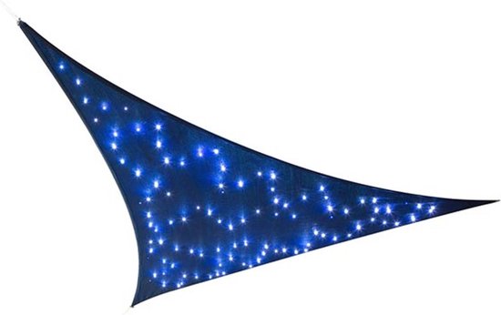 Perel Sonnensegel mit 100 LEDs, Sternenhimmel, Überdachung für Gartenterrasse, Schattentuch, wasserdurchlässig, 90 % UV-Schutz, 3 Edelstahlringe, 3,6 x 3,6 x 3,6 m, 180 g/m², HDPE, Dreieck, dunkelblau
