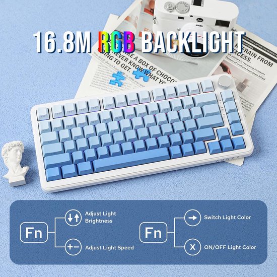 Ajazz AK820 MAX - 75% Wireless Gaming Keyboard - Mechanisch - Seitlich bedruckte Tasten - Dichtung - Hot Swap - Tri Mode - QWERTY Tastatur - 82 Tasten - Gradient Blue