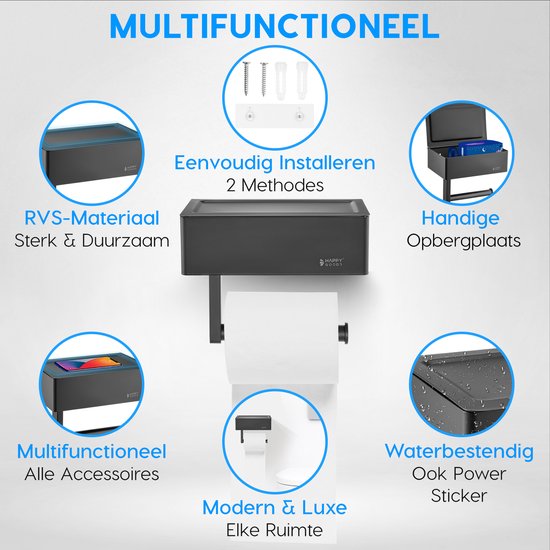 Happy Goods Toilettenpapierhalter mit Ablage und Tablett - Selbstklebend / Bohren - Toilettenpapierhalter Schwarz ohne Bohren - Edelstahl - INCL. Handtuchhaken