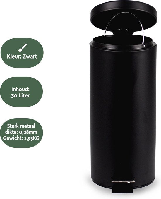 BRASQ Treteimer 30 Liter - Schwarz - PB130 - Mülleimer mit herausnehmbarem Treteimer - Mülleimer - Abfalleimer - Abfalleimer