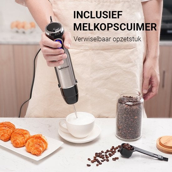 Safecourt Kitchen - 6-teiliges Stabmixer-Set - Inklusive Milchaufschäumer & Messbecher - Zerkleinerer - 1000 Watt - 20 Geschwindigkeiten
