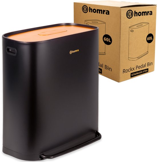 Homra Rockx Mülleimer 60 Liter – Duo-Treteimer 2×30 l mit Geruchsfilter – Edelstahl-Mülltrennbehälter mit 2 Fächern – Recycling-Mülleimer – Küchenmülleimer – Mülleimer zur Mülltrennung – Doppel-Mülleimer in Schwarz und Kupfer