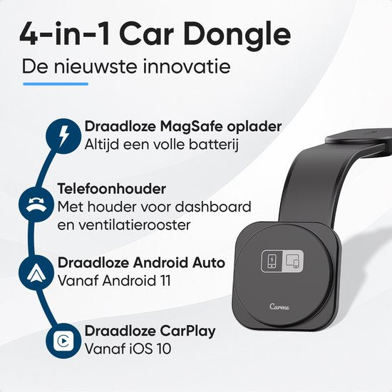 CarMe 4-in-1 CarPlay Dongle Pro - Mit drahtlosem Ladegerät - Wireless CarPlay & Android Auto - Android Auto Dongle - MagSafe Autohalterung - Schwarz