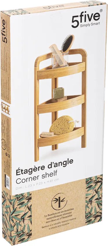 5Five Duschregal/Badezimmerregal, Eckmodell – Bambus – 3 Ebenen – 23 x 61 cm