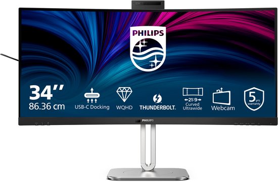 Philips 6000 Serie 34B2U6603CH – Gebogener Ultrawide-Monitor – Webcam – Thunderbolt 4 – USB-C 100 W – Smart KVM – 34 Zoll