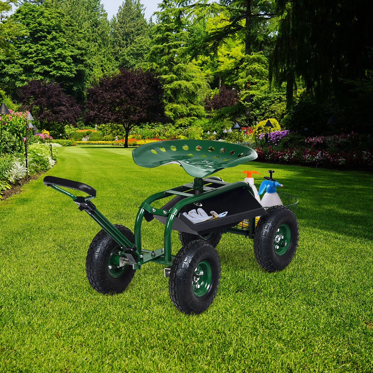 Coast Gartenwagen mit verstellbarem Griff – ergonomischer Sitz – Ablagekorb und Werkzeugkästen – grün