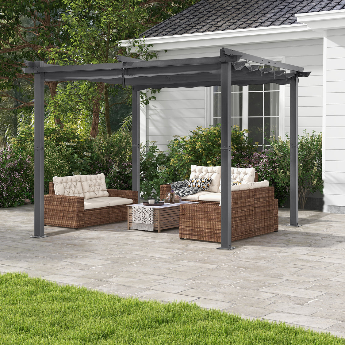Angel Living Aluminium-Pergola mit verstellbarem, ausziehbarem Dach – 3 x 3 m – Grau/Anthrazit