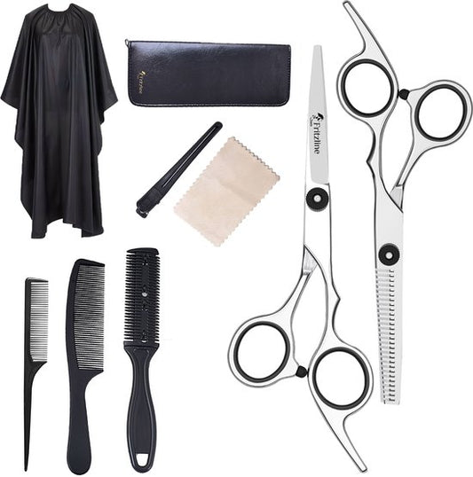 Fritzline 9-teiliges Friseurset – Friseurscheren – Friseurkittel – Haarschere – Friseur – Friseurschere – Ausdünnschere – Ausdünnschere für Friseure – professionelles Friseurset – Friseurkittel – Friseurjacke – Friseurbedarf