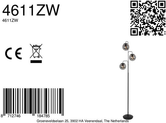 Stehlampe Bollique 4611ZW von Steinhauer – Stilvolles schwarzes Metall mit 3 rauchfarbenen Glaskugeln, Höhe 173 cm, runder Sockel 40 cm, perfekt für den Innenbereich