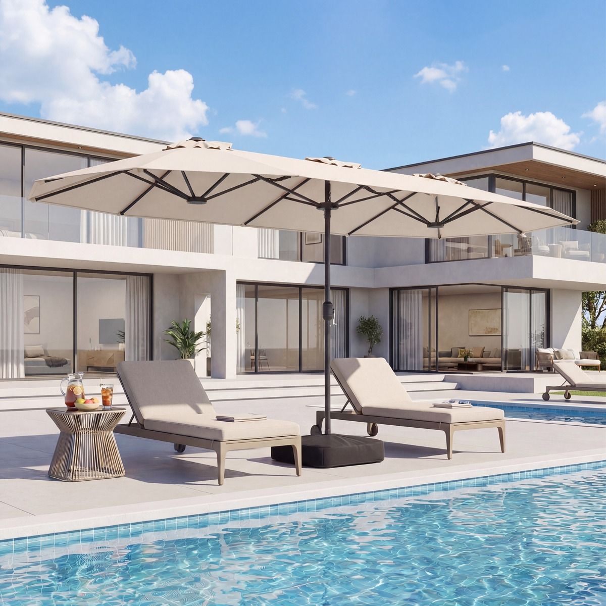 Coast Doppel-Terrassenschirm – extra groß – mit Kurbel und beschwertem Sockel – beige 400 x 212 cm