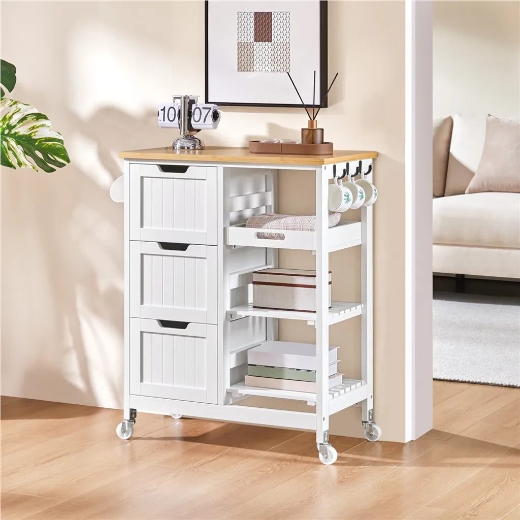 Yaheetech Küchenwagen auf Rädern – Weiß/Bambus – 67 x 37 x 84,5 cm – Mit 3 Schubladen und 3 Einlegeböden