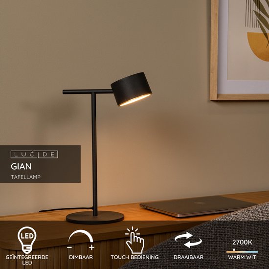 Lucide GIAN – Tischlampe – LED, dimmbar – 1x9 W, 2700 K – Schwarz
