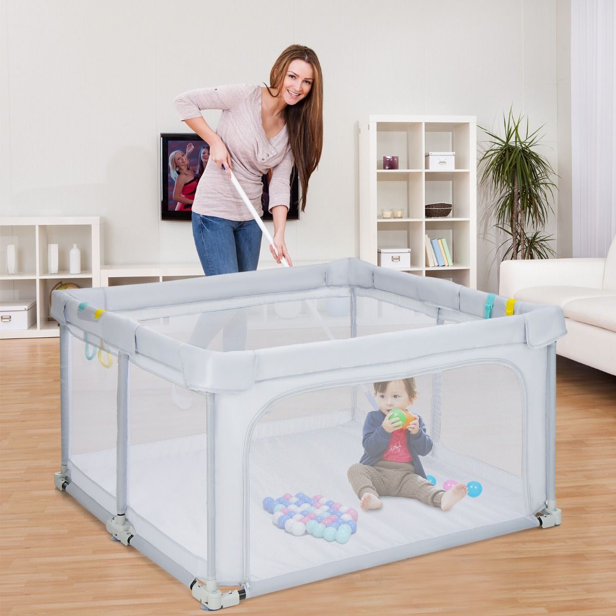 Coast Faltbare Babybox 124x124x70 cm Grau mit 50 Ozeanbällen und 4 Griffen - Oxford-Gewebe, atmungsaktives Mesh