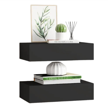 vidaXL Wandregale mit Schublade, 2er-Set – 40 x 23,5 x 10 cm – MDF und Metall – Schwarz