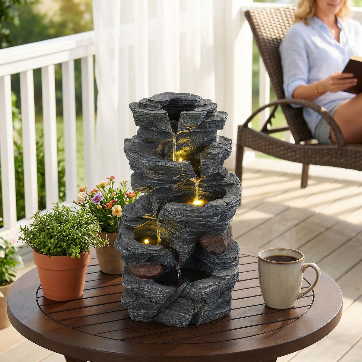 Coast Tischbrunnen – 5-stufiger Wasserfall – LED-Beleuchtung – schwarz – 27 x 20,5 x 45,5 cm