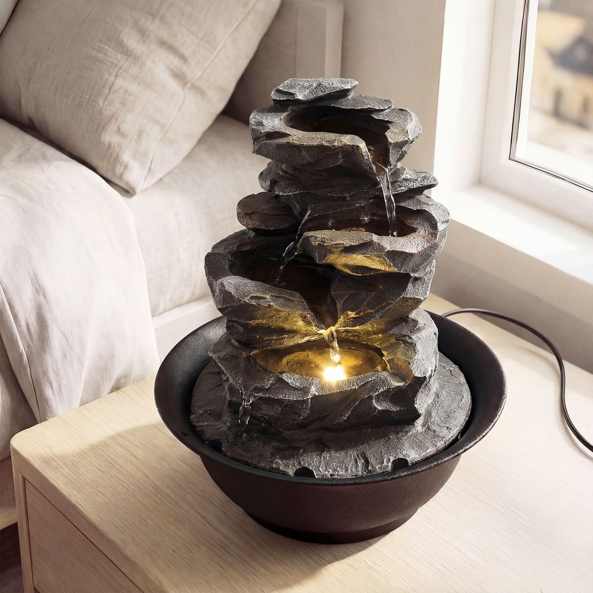 Coast Tischwasserfontäne – Wasserfall im Fels-Look – LED-Beleuchtung – schwarz – 21,5 x 26 cm