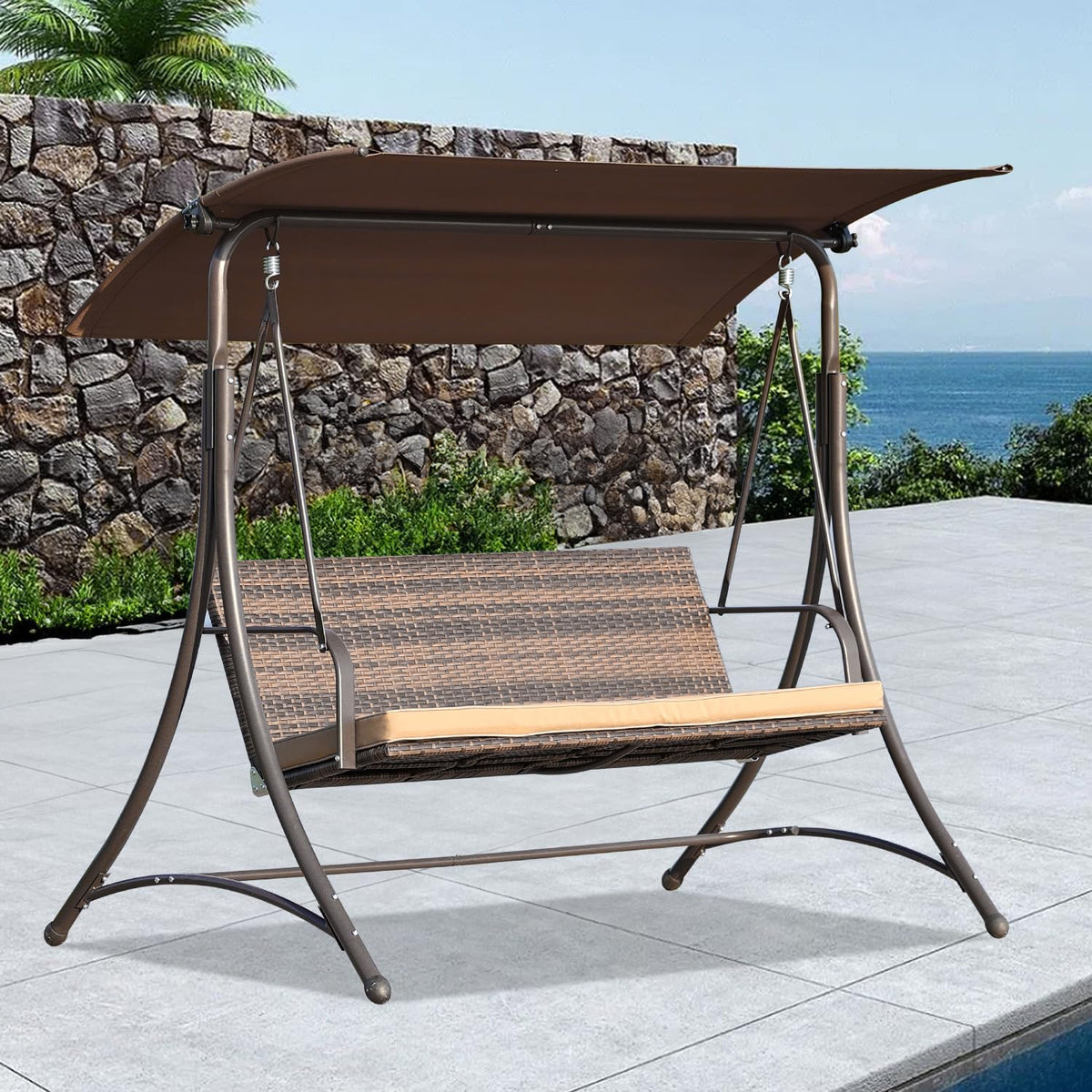 Angel Living Hollywood-Schaukel – Rattan-Gartenschaukel - Mit 3 Sitzplätzen – Verstellbares Sonnendach – 170 x 110 x 152 cm – Braun