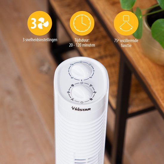 Tristar Turmventilator – Timer bis zu 120 Min. – Schwenkbar – 3 Geschwindigkeitsstufen – Leise & kompakt – VE‑5900 – Weiß