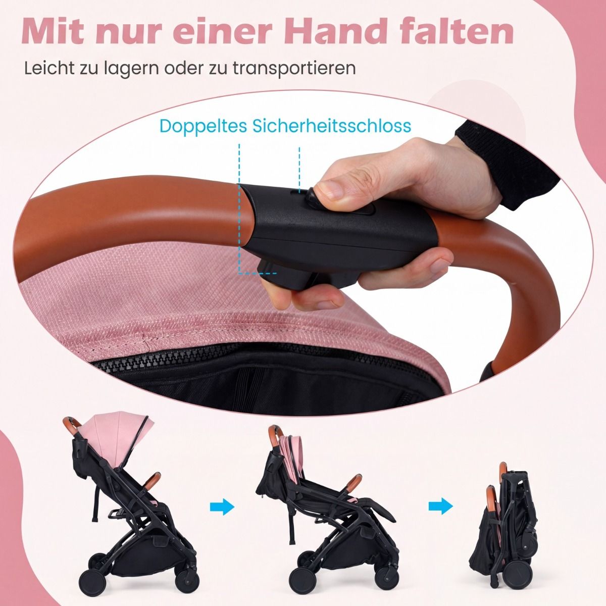 Coast Kinderwagen – zusammenklappbar – verstellbare Rückenlehne und Fußstütze – rosa