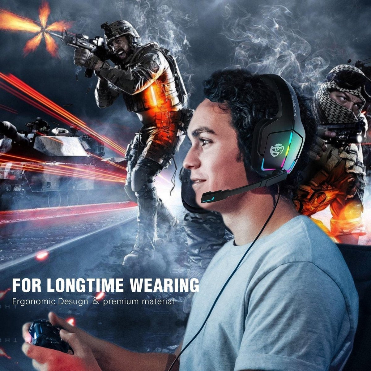 SoulBytes S12 RGB Over-Ear-Kopfhörer - Gaming-Headset mit Stereo-Mikrofon - Multi-Plattform - Schwarz
