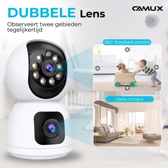Camux - DualVision Sicherheitskamera Indoor - 2MP Full HD Kamera mit Nachtsicht - Babyphone - Haustierkamera mit App - Hundekamera - Petcam