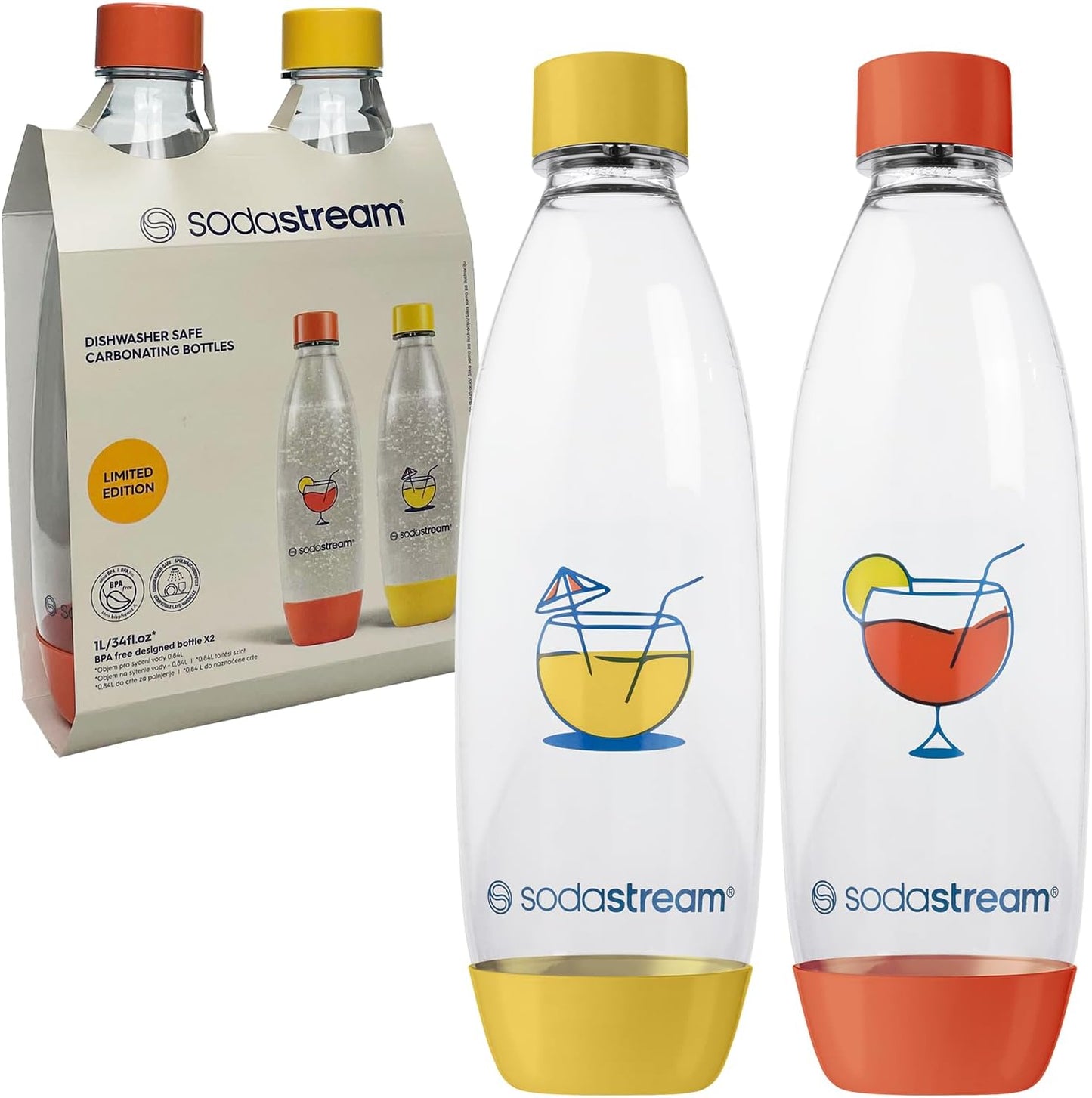 Sodastream Fuse Sprudelwasserflaschen – 2er-Set – 1 Liter pro Flasche – Bunt – Spülmaschinenfest