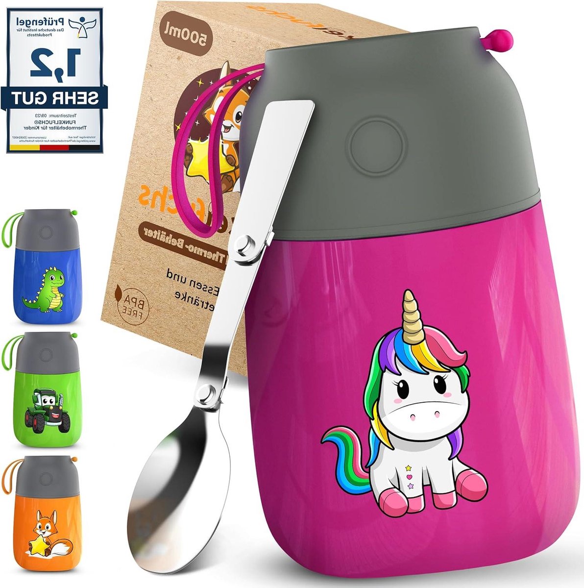 FUNKELFUCHS® - Thermobecher für Kinderkost - Essenswärmer aus Edelstahl - 500ml - 100% auslaufsicher - Rosa Einhorn