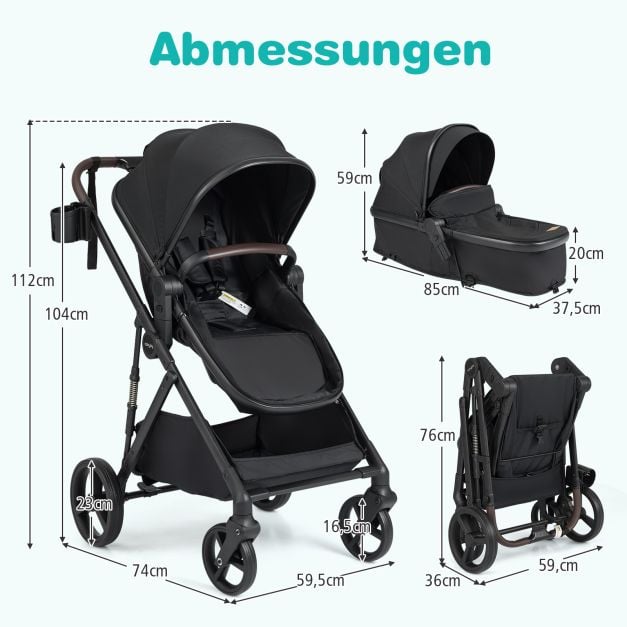 Coast 3-in-1-Kinderwagen – Wendbare Reiswiege – 59,5 x 74 x 112 cm – Schwarz