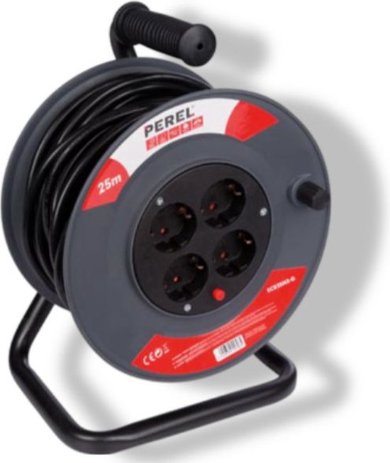 Perel Kabeltrommel, für den Innenbereich, 4 Schutzkontaktsteckdosen, thermischer Schutz, Kabellänge 25 m, 3G1,5, grau