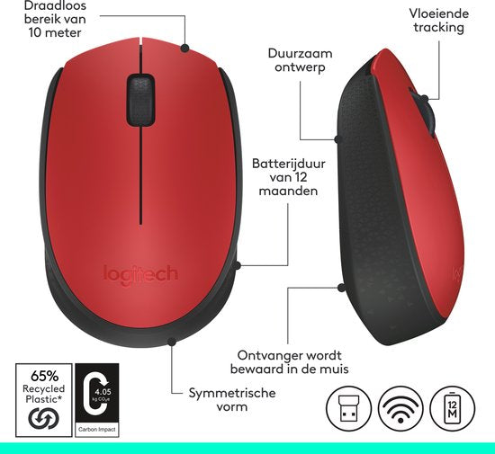 Logitech M171 – Kabellose Maus – Kompatibel mit PC/Mac – Inklusive USB-Mini-Empfänger – Rot