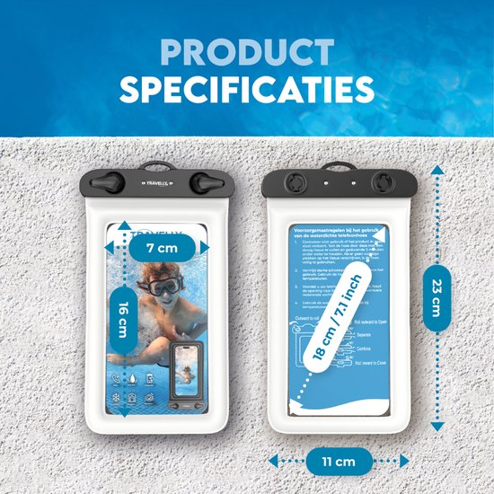 Travelly® Wasserdichte Handytasche 2er Set - Universelle Unterwassertasche für Smartphone - Geeignet für alle Handys - Drybag - Für Urlaub, Schwimmen & Wassersport - Transparent/Weiß