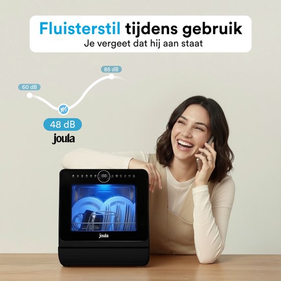 Joula Mini-Geschirrspüler mit Wassertank - 8 Waschprogramme - 5 Fächer - Kleiner schmaler freistehender Geschirrspüler - Camping - Schwarz