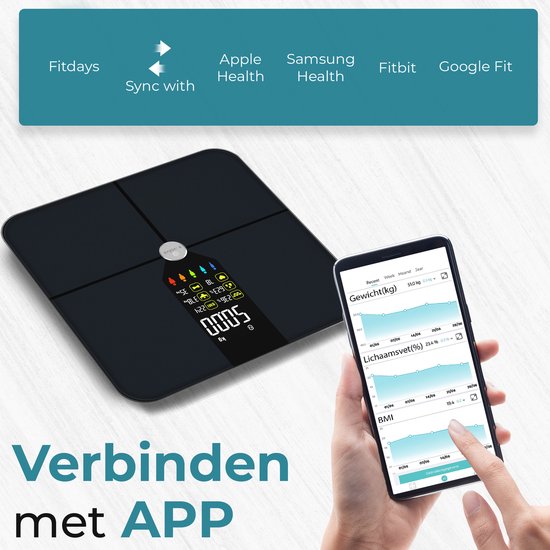 e.volve Personenwaage Digital - 16x - Intelligente Waage - mit Körperanalyse - inkl. App - Schwarz